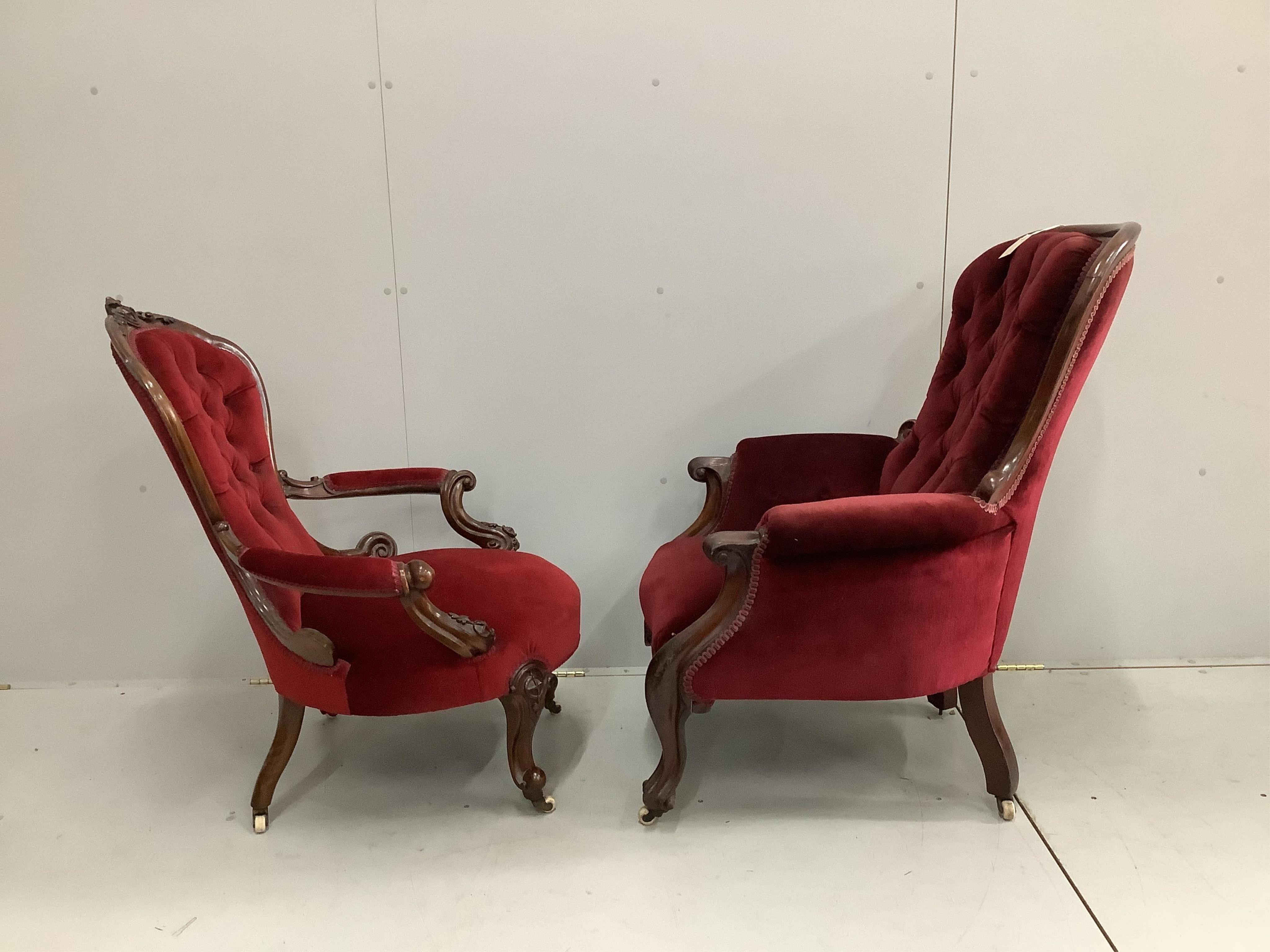 A Victorian mahogany upholstered spoon back armchair, width 70cm, depth 80cm, height 102cm, together with a similar open armchair. Condition - fair